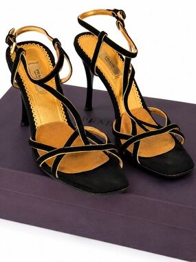 PRADA Black & Gold Strappy Heels size 37 with original box and dust bag